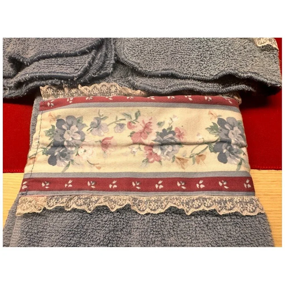 Serenity Collection Lace & Flowered Accent BLUE Hand Towel plus 2 Washcloths